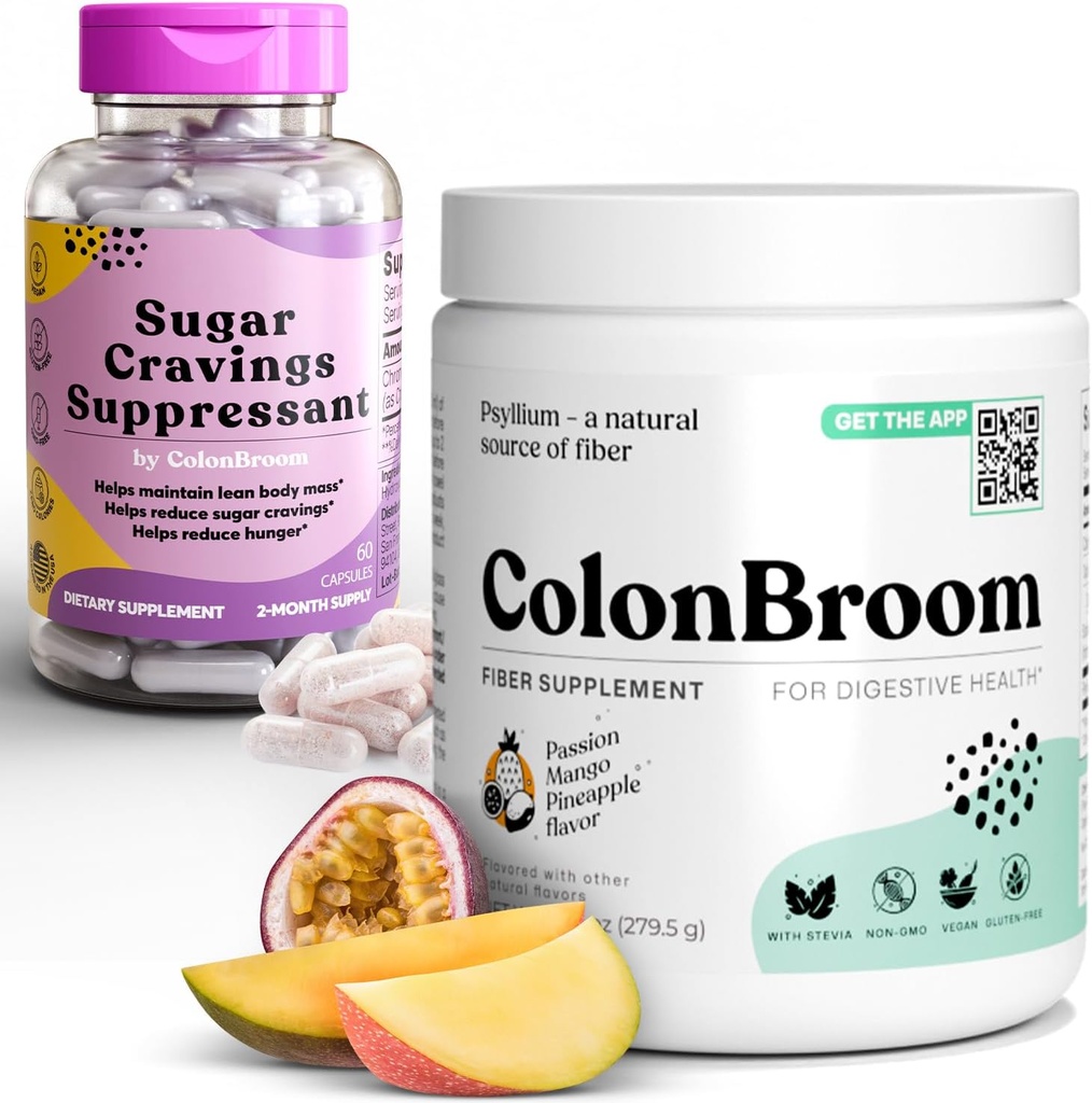 ColonBroom Pyllium proszek Husk Sugar Craving Suppressant - Pikolinian chromowy 200mcg, 2 Produkty - Colon Cleanser Fiber Supplement (50 Servings) + Sugar Craving Supressant (60 Servings)