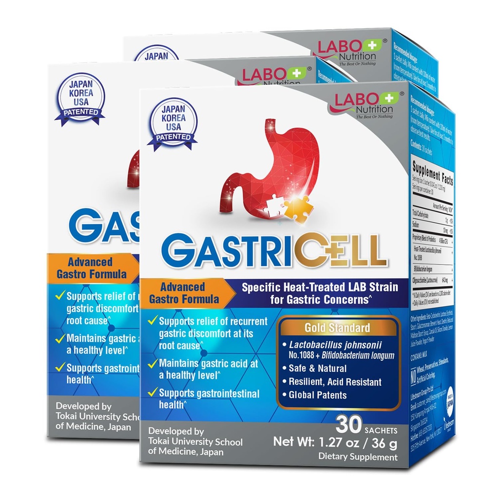 LABO Nutrition GASTRICELL - Refluks kwasowy, Heartburn, Powracające zaburzenia żołądkowe, Natural Defence Against Gastric Distress 30 saszetki x3