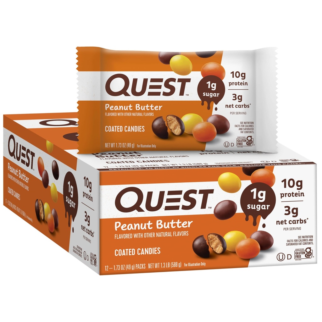 Cukierki powlekane Quest Nutrition, Masło orzechowe, 1 g cukru, 10 g białka, 4g węglowodanów netto, Gluten Free, Keto Friendly, 12 Hrabia