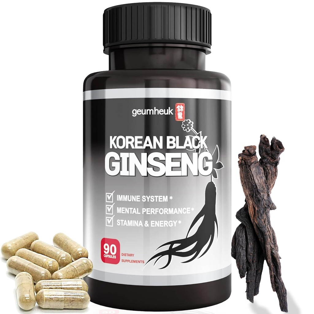 GeumHeuk Koreański Czarny Panax Ginseng Kapsułka 1000mg - 90 Kapsułki Wegan Non GMO, Wysokie Ginsenozydy, Wysoki stopień absorpcji, Zwiększenie odporności, Wydajność mentalna, Stamina & Energia, Mężczyźni i kobiety