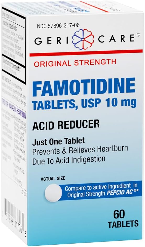 GeriCare regularna siła Famotydyna 10 mg tabletki, Acid Reducer, Relief for Heartburn, Acid Refluvel and Acid Infersition, 60 Count (Pack of 1)