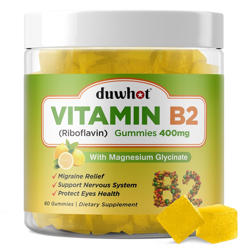 Witamina B2 Gummeje z Magnesium Riboflavin 400mg dla Migrena Relief & Headache Relief, B2 Gummeje witaminy dla dorosłych i dzieci, Wegan, 60 Chewable