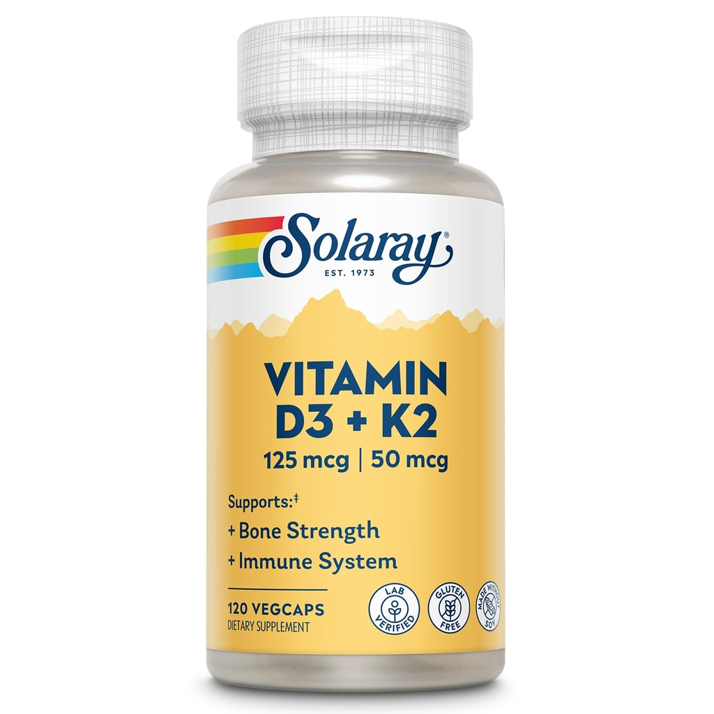 SOLARAY Witamina D3 K2 - Zdrowie kości i suplement wsparcia immunologicznego - Z 5000 IU Witamina D jako Vit D3 i 50 mcg Witamina K2 jako Menochinon MK7, Made Without Soy, 60- Day Guarantee, 120 Serv, 120 VegeCaps