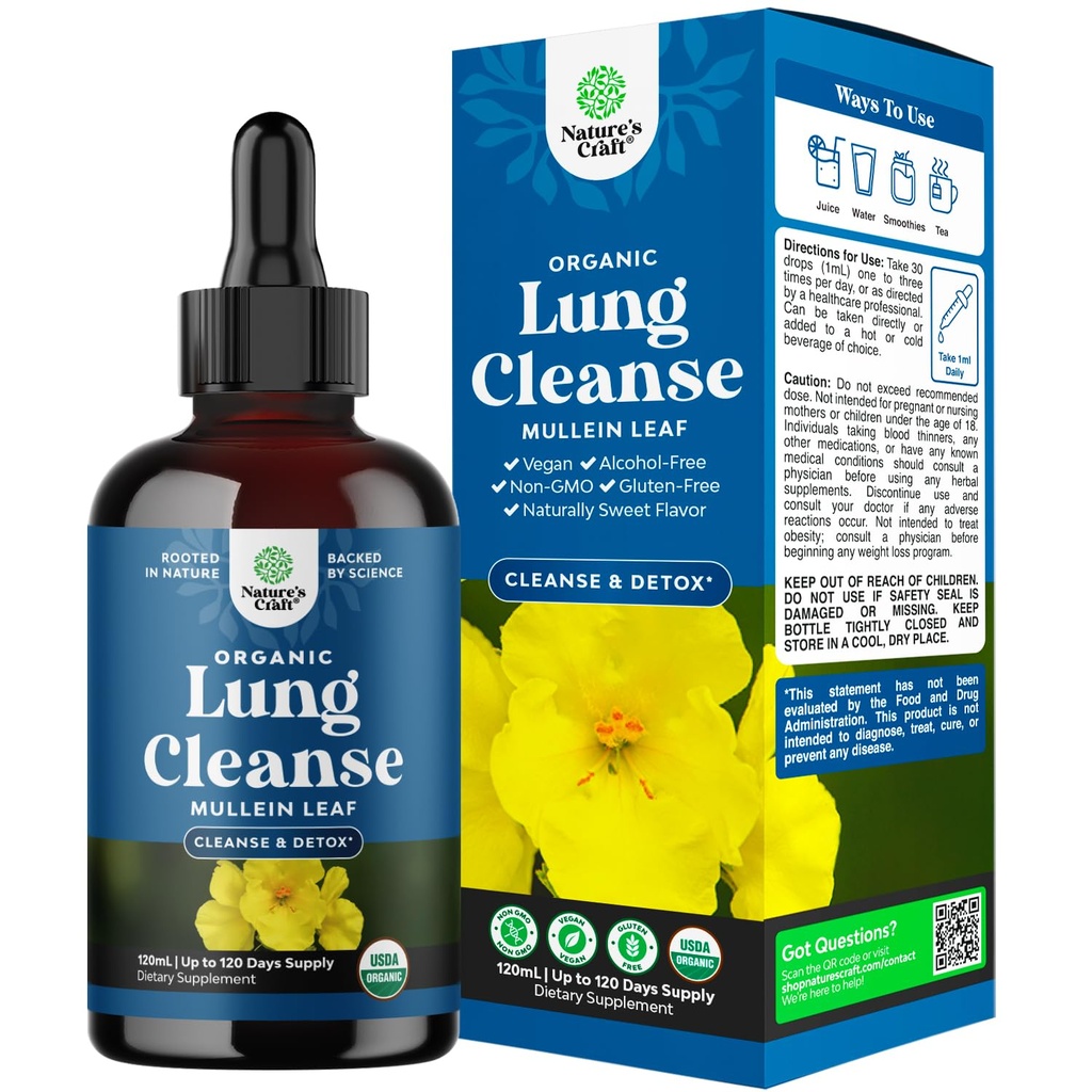USDA Organic Mullein Drops for Lungs - Herbal Lung Detox & Cleanse with Marshmallow Root Extract & Plantain Leaf for Ech Lung Health - Mullein Leaf Tincture Drops for Breathing Support - 120ml