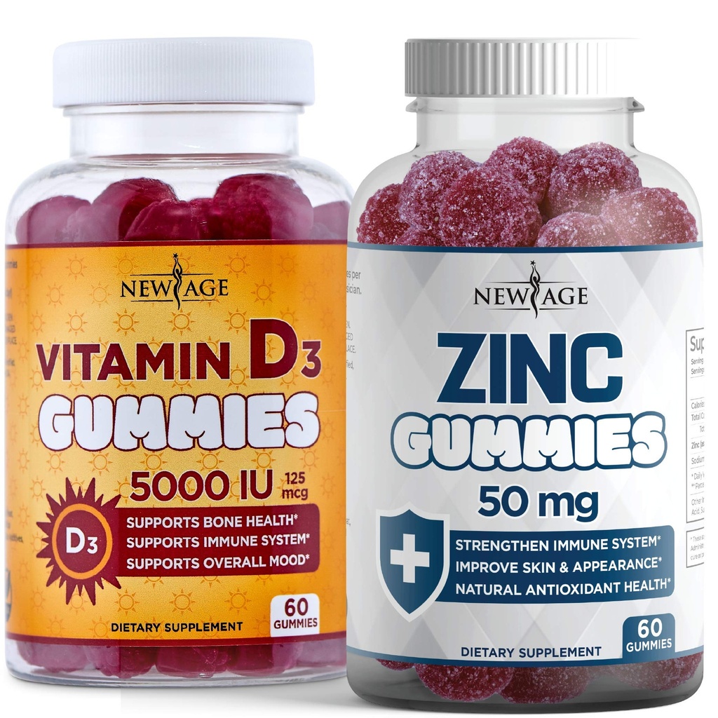 Nowy wiek Immune Defense Combo - 2 Pack - Witamina D3 Gummies 5000 j.m. 125µg & Wysoka moc Gummies cynku, Immune Booster 120 Count
