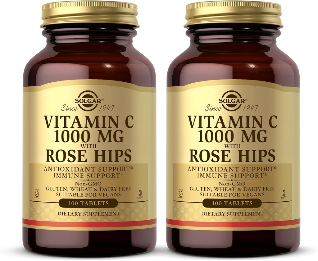 Solgar Witamina C 1000 mg z Rose HIPS - 100 Tabletki, Opakowanie 2 - Przeciwutleniacz i wsparcie immunologiczne - Non-GMO, Wegan, Gluten Free, Wolny od mleka, Kosher - 200 Służenie ogółem
