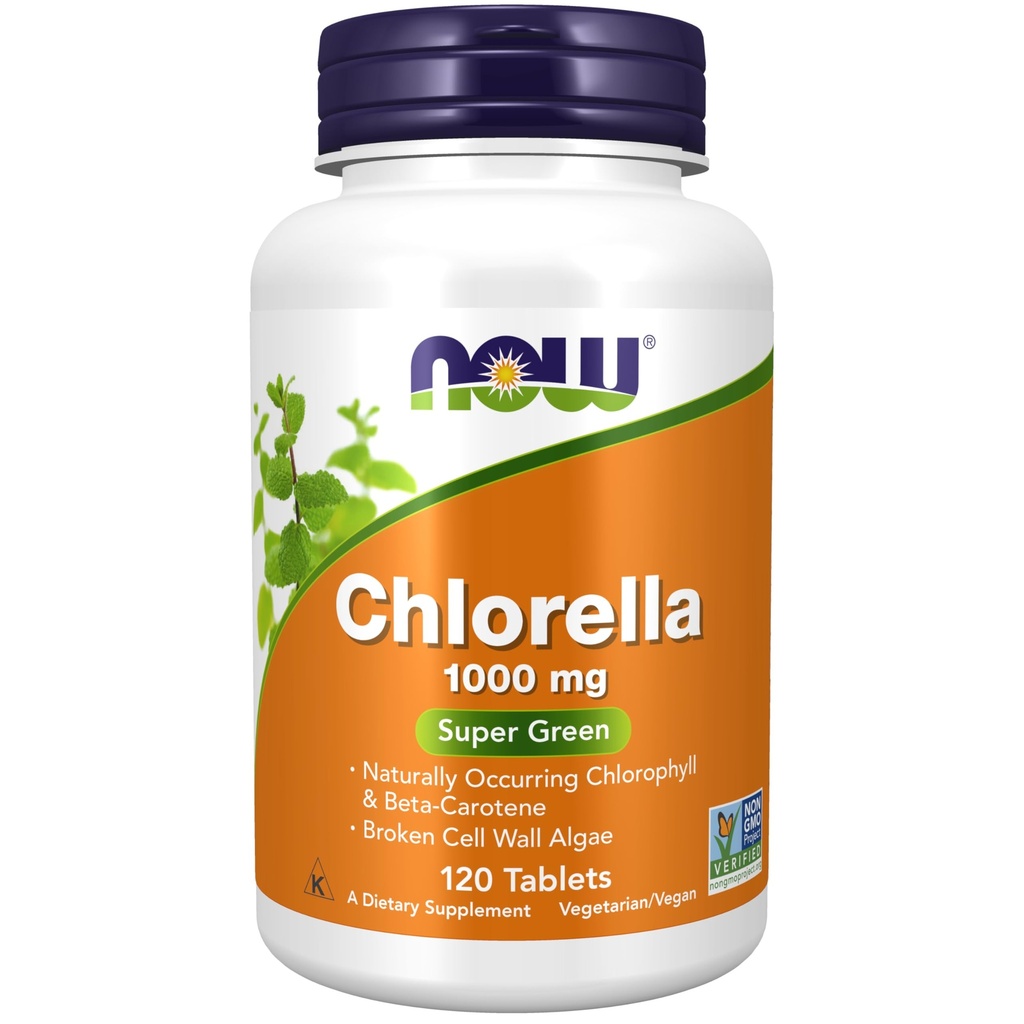 Teraz suplementy żywności, Chlorella 1000 mg z naturalnie występującym chlorofilem, Beta- karoten, mieszane karotenoidy, Witamina C, Żelazo i Białko, 120 tabletek