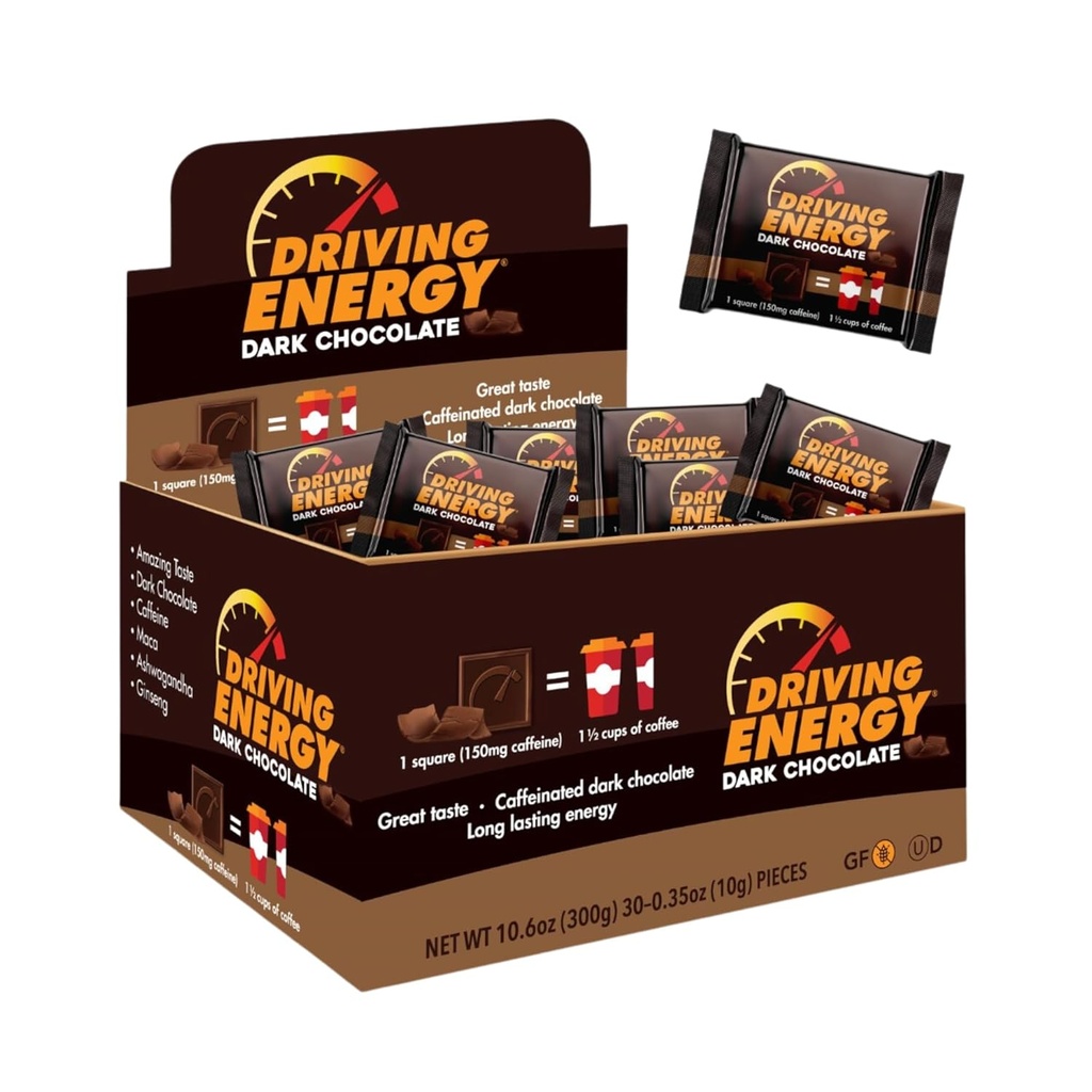Driving Energy - Kofeinowa energia Bite Size Rozmiar - Dark Chocolate Fuel z 150mg Kofeina - Długoterminowy czas trwania siłowni, Trening, Dorośli - Wielki smak - Niskie węglowodany - Zdrowe przekąski - 30 Hrabia