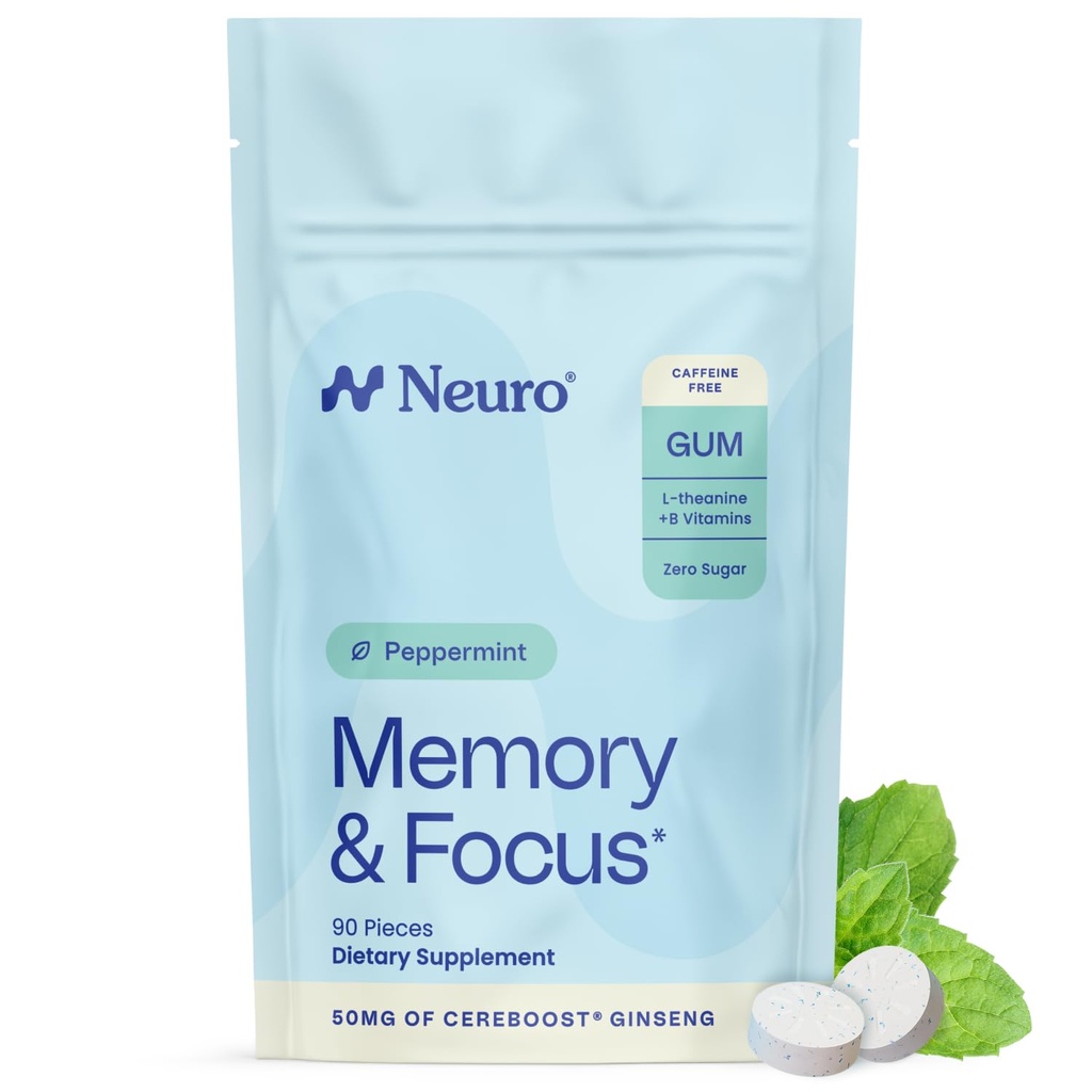 Neuro Memory & Focus Gum - Guma nootropowa z witaminą B12, Witaminą B6, ekstraktem L- Theanine & Ginseng - Naturalny suplement wsparcia mózgu - Wegan, Kofeina & Cukier Free Chews - Peppermint, 90