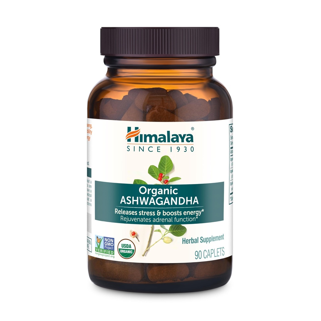 Himalaya Organic Ashwagandha, 90 Day Supply, Herbal Supplement for Stress Relief, Wsparcie energetyczne, Okazjonalna bezsenność, USDA Certified Organic, Non-GMO, Wegan, Gluten Free, 670 mg, 90 Kaplety