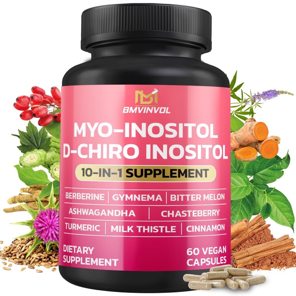 BMVINVOL Inositol Supplement - Myo- Inositol i D- Chiro Inositol Ideal 40: 1 Stosunek - Plus Berberine, Cynamon, Ashwagandha + 5 Więcej - 60 Kapsułki