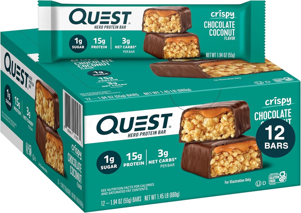 Quest Nutrition Crispy Chocolate Coconut Hero Protein Bar, 15g Protein, 1g Sugar, 3g Net Carbs, Gluten Free Protein Snack, Keto Friendly, 12 Count