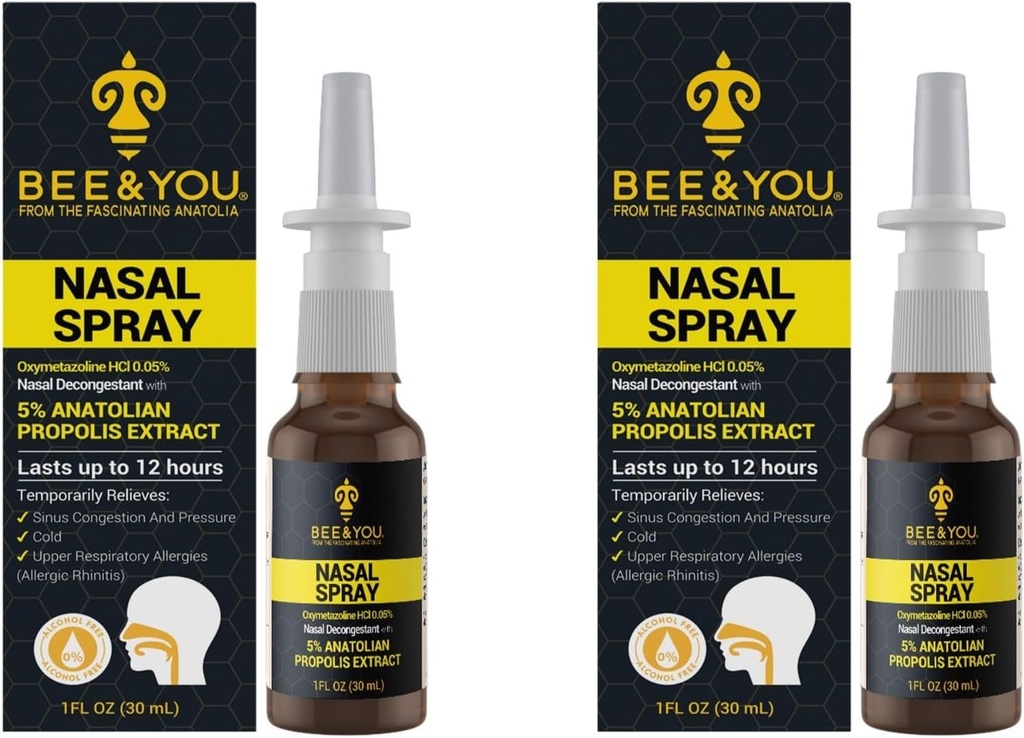 Bee and you Natural Propolis Nasal Spray 1 Fl oz Relief Alcohol Free Medical Grade Propolis Drops, Sinus Relief, Alergia, Nasal Moisturizing Spray Nasal Spray, 1 fl Oz (Opakowanie 2)