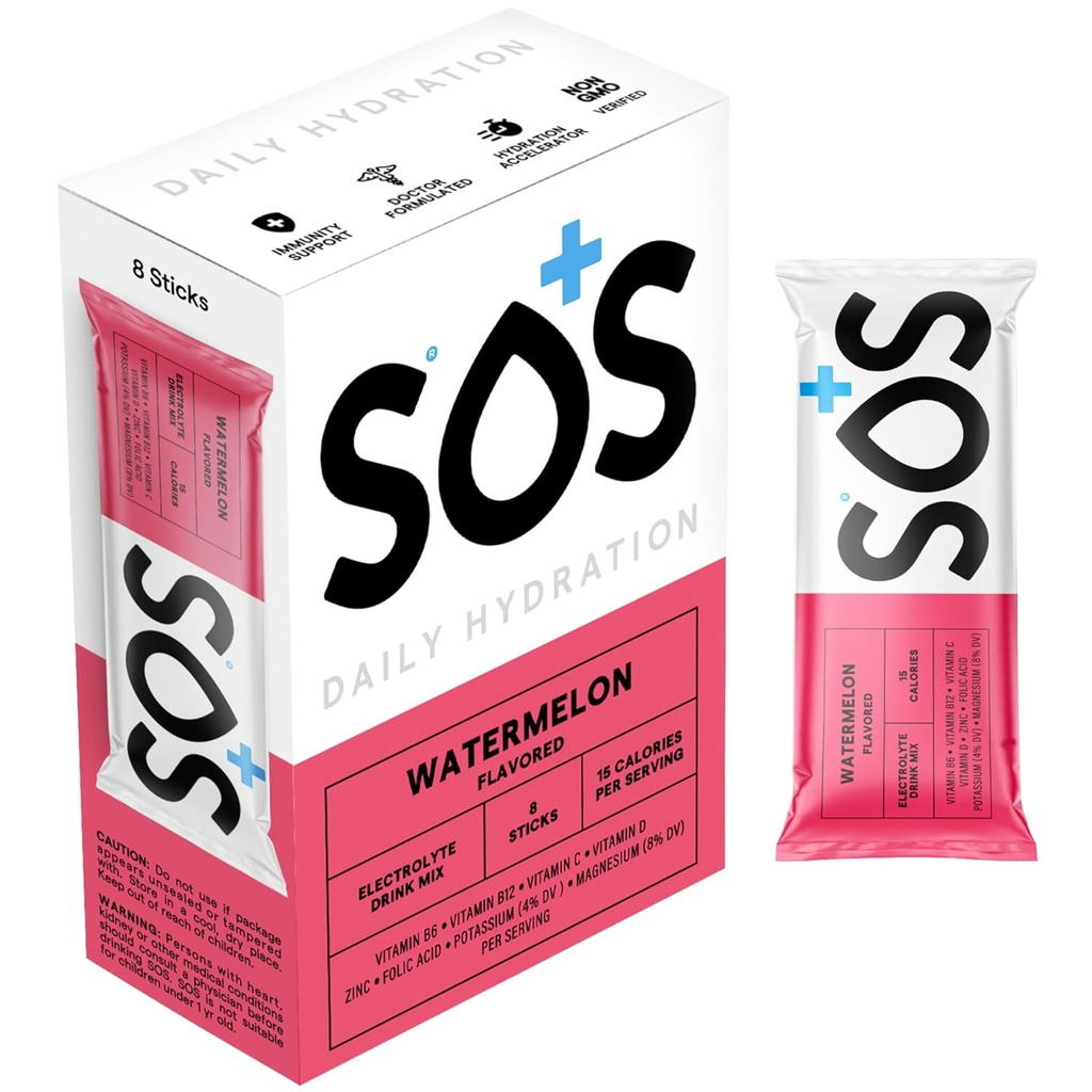 SOS Hydration Electrolyte w proszku Pakiety, Awatermelon Flavor, 8 Stick Packs - Low- Calorie, Szybkie Nawodnienie, Made in USA, Keto & Vegan Friendly