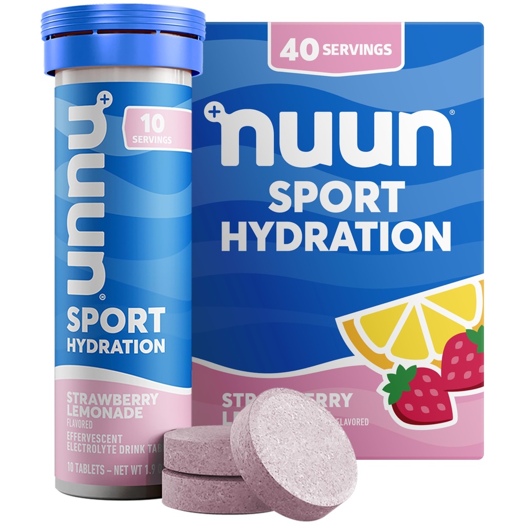 Nuun Sport Electrolyte Tablets z magnezu, Wapń, Potas, Chlorek i Sód, Gluten Free & Wegan, Lemoniada truskawkowa, 4 Pack (40 Służenie ogółem)