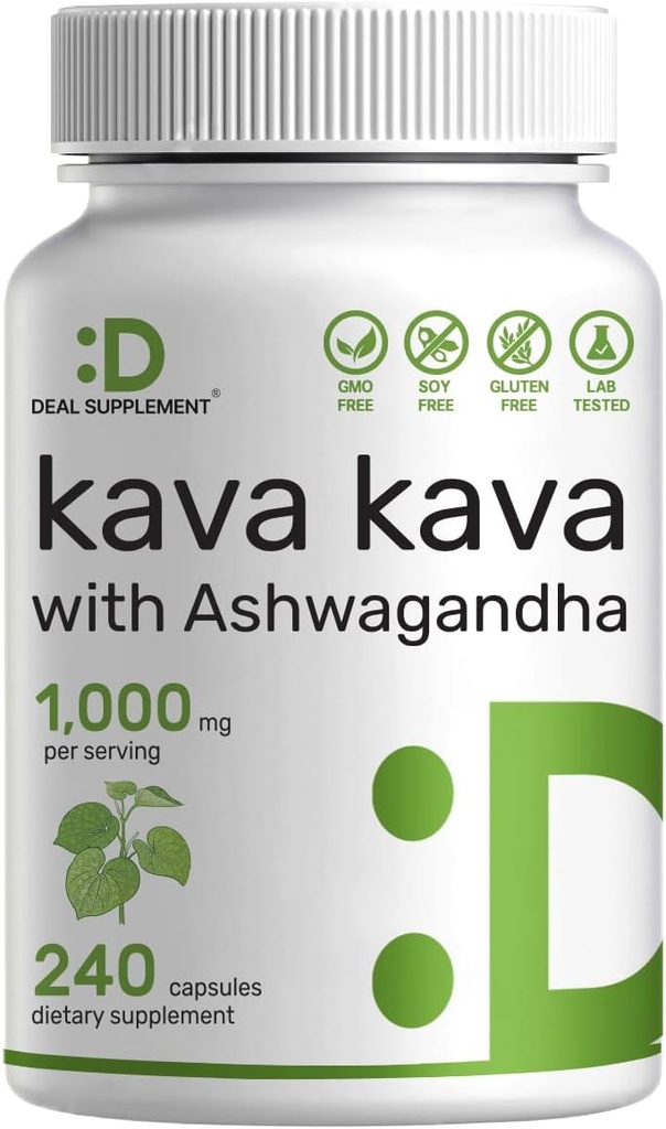 Deal Supplement Kava Kava Supplement 750mg Per Serving, 240 Capsules, 4 Months Supply – Kava Kava Root Extract with Ashwagandha Root Powder – Non-GMO