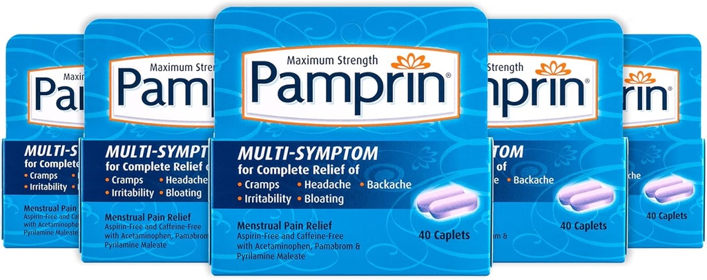 Formuła Pamprin Multi- Symptom, z acetaminofenem, menstruacyjne objawy ulgi, w tym skurcze, ból, drażliwość i wzdęcia, 40 Kapsułki (opakowanie po 5)