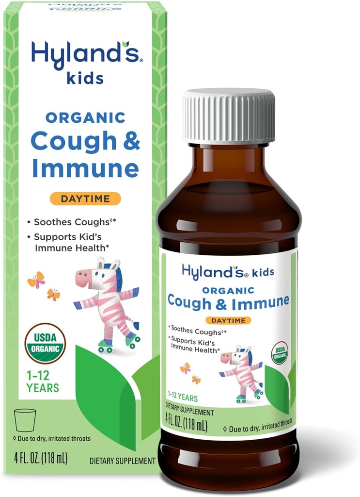 Hyland 's Kids Daytime Organic Cough Syrop i Immune Support z Agave, Elderberry i Granate, Soothes Cough, and Supports Immunity, 4 Fl. Oz