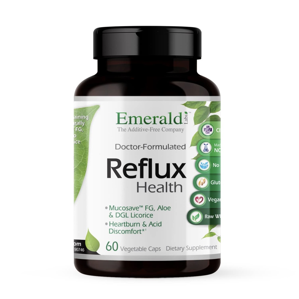 EMRALD LABS Refluks Zdrowie - Niestrawność i Heartburn Relief z Mucosave FG, DGL, Aloe Vera, Probiotyki, Enzymy trawienne & More * - 60 Kapsułki warzyw (30- Day Supply)
