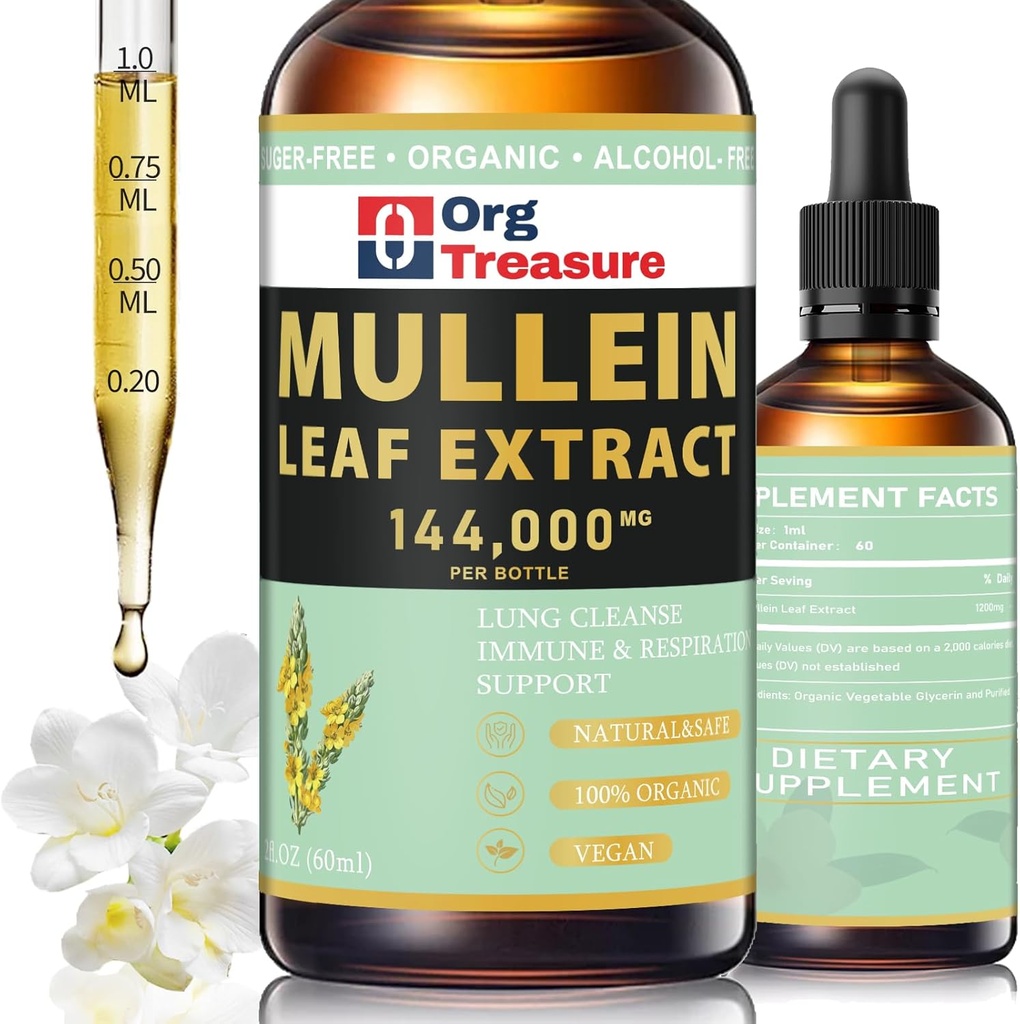 Mullein Drops for Lungs - Organic Mullein Leaf Extract - Lung Cleanse & Detox, Wsparcie dla układu oddechowego i immunologicznego, Natural Herbal Supplement, Jako płyn, nalewka, herbata, 2 FL OZ