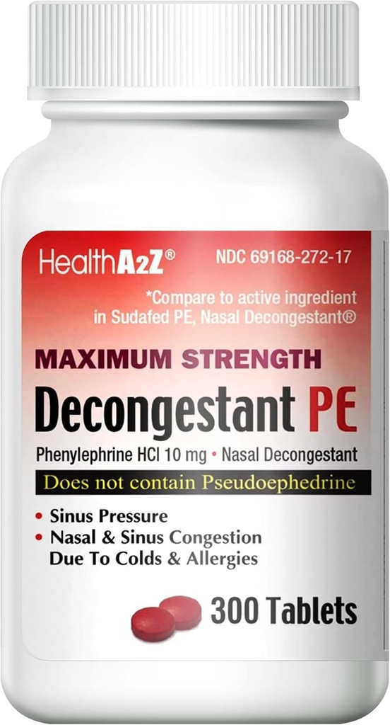 HealthA2Z ® Decongestant PE XI124; Fenylefryna HCl 10 mg XI124; Maksymalna moc 124; Nasal & Sinus Congestion Relief Ze względu na zimno i alergie (300 Count (Pack of 1))