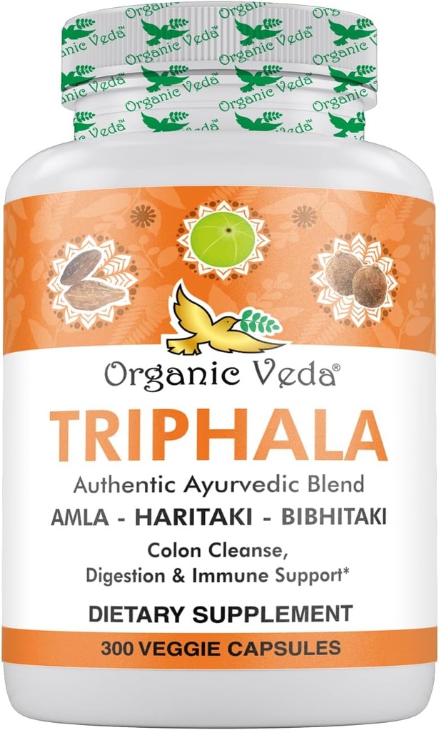 Organiczny proszek Veda Triphala 300 kapsułki, 1000mg - Organiczny suplement Triphala dla Colon Cleanse, Immune, Gut & Trawienie Zdrowie - Cały zielony przeciwutleniacze Amla, Haritaki & Bibhitaki - Vegan Pills