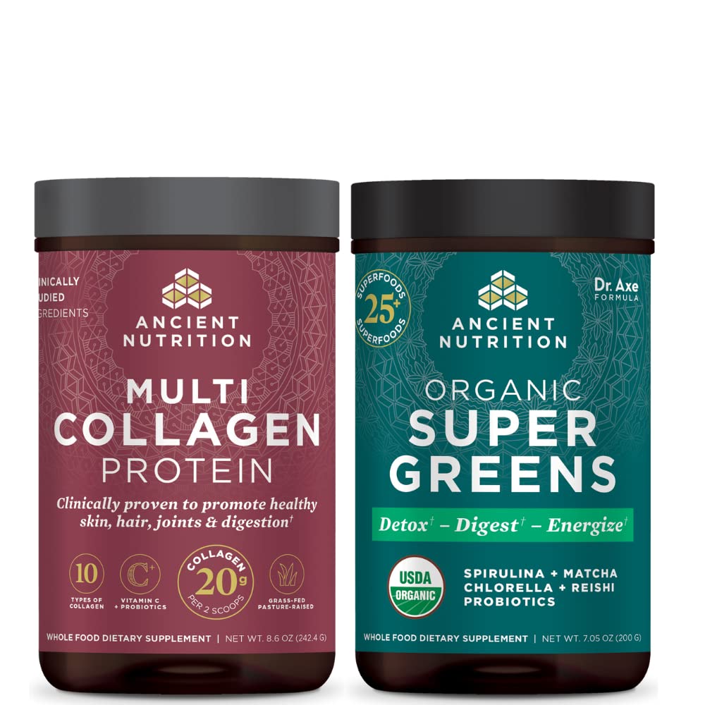 Ancient Nutrition Multi Collagen Protein Powder, Unflavored, 24 Servings + Supergreens Powder, Zielony Flavor, 25 Servings