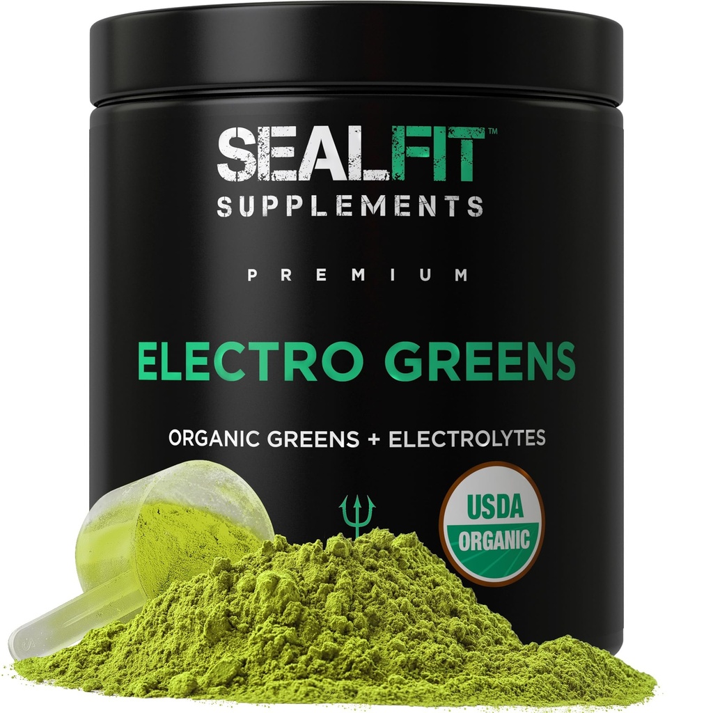 SEALFIT ElectroGreens - USDA Organic Greens Superfood + Electrolytes Powder. 25 + Superfoods for Energy and Hydration. Super zielony sok i proszek elektrolitowy inspirowany przez byłego Navy Seal Mark Divine
