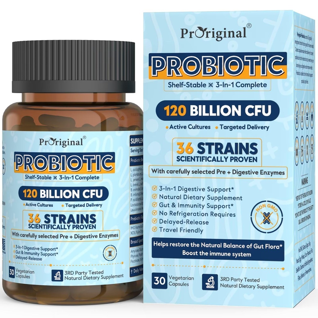 Probiotyki dla kobiet i mężczyzn 120 Miliard CFU z 36 Probiotyczne cieśniny dla zdrowia trawiennego i Gut Health, Opóźnione uwalnianie kapsułki, Kwas żołądkowy odporny, Brak potrzeby chłodzenia 30 Kapsułki