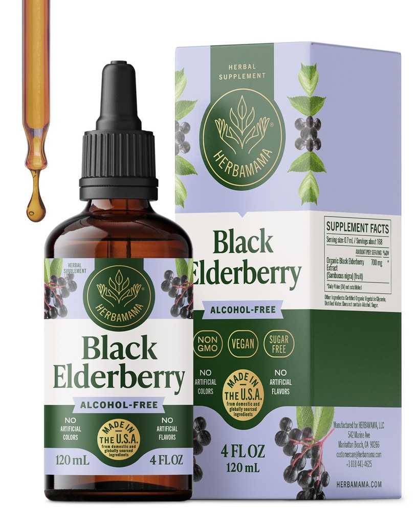 HERBAMAMA Black Elderberry Drops - Vegan Elderberry Liquid Extract for Immune Support - Non-GMO, Alkohol & Cukier Free Immunity Supplement, 42- Day Supply