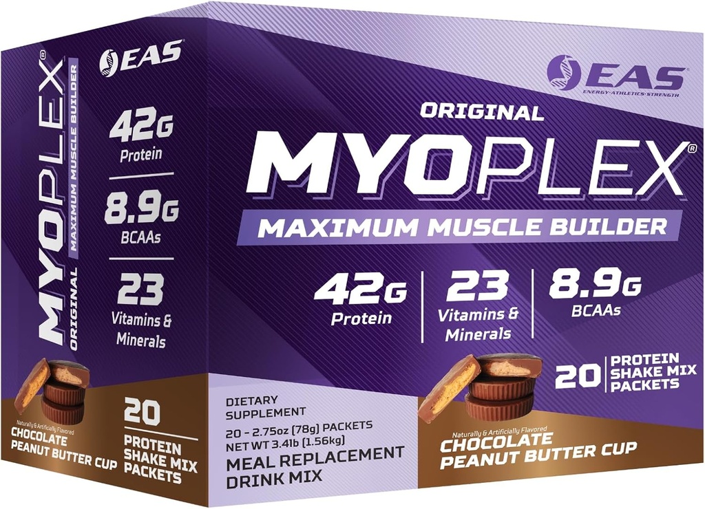 EAS Original Myoplex Maximum Muscle Builder, Meal Replacement Protein Mix 124; Quality Protein Blend 124; 42g Protein, 20 Indywidualny pakiet (Czekolada Peanut Butter Cup)