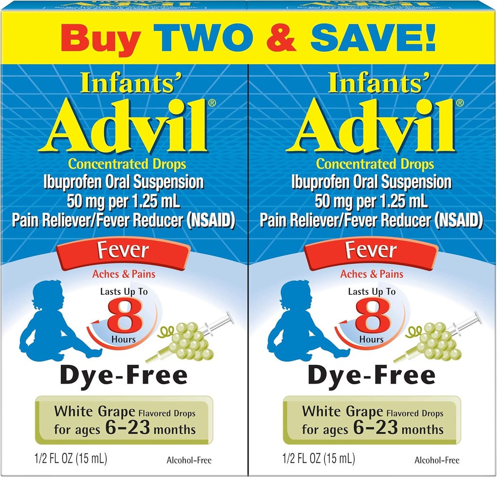 Advil Infants 'Fever Reducer / Pain Reliever Dye- Free, 50 mg Ibuprofen Concentrated Drops (White Grape Flavor, 0,5 fl. oz. Butelka, opakowanie 2)