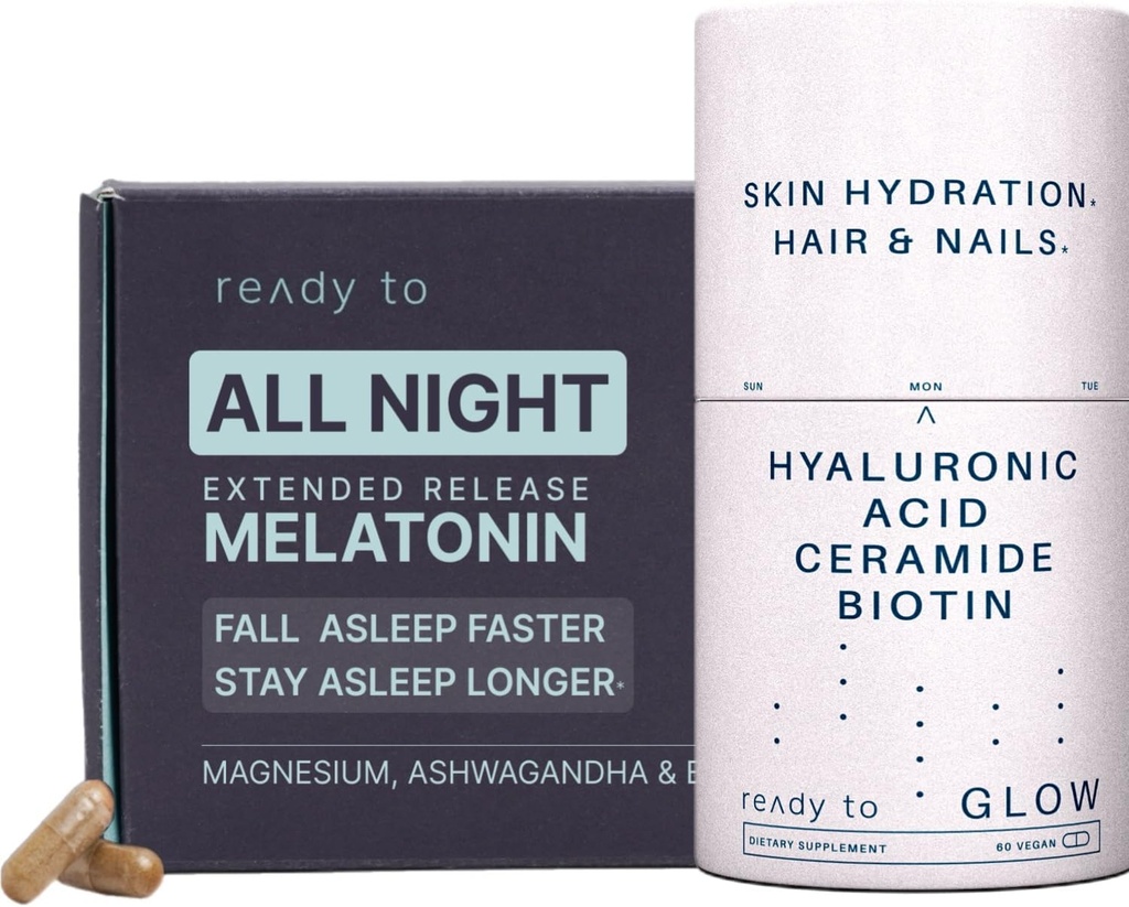 Hydration & Sleep Aid Set 124; Wsparcie przeciw starzeniu się i snu z kwasem hialuronowym, Ceramidami, Przeciwutleniaczami, Melatoniną i Ashwagandha 124; Promieniująca skóra i Resteful Sleep Pack