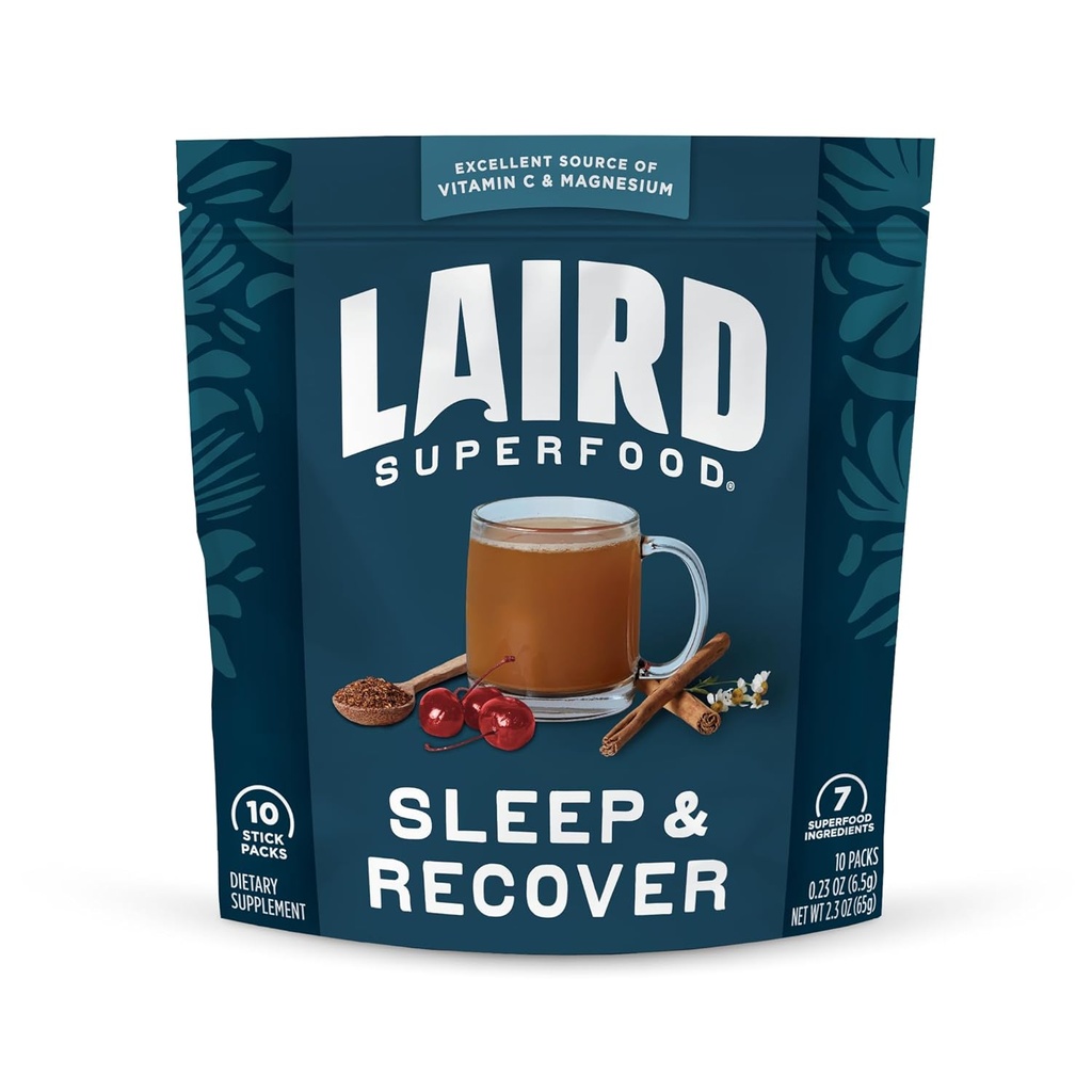 Laird Superfood Sleep & Recover, Bedtime Drink proszkowany Suplement do uspokajania do wsparcia relaksacji i snu z tart Cherry i rumianek, 0,3 Oz Packet, Opakowanie po 10