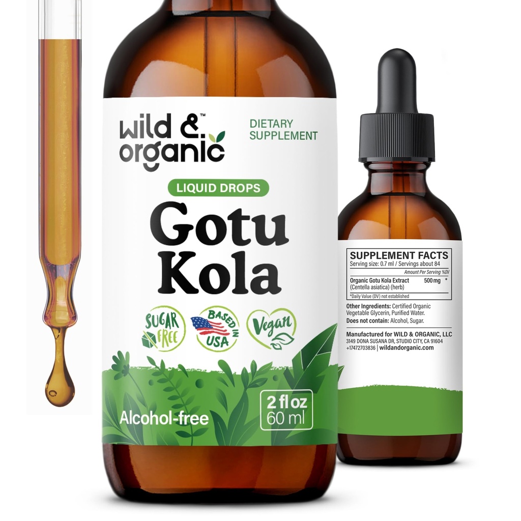 Wild & Organic Gotu Kola Herb Tincture - Brain Support - Gotu Kola Liquid Extract Drops - Vegan, Sugar & Alcohol- Free Centella Asiatica Supplement - 2 fl oz