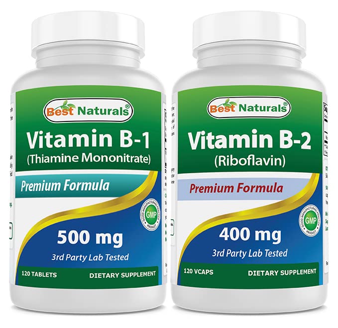 Najlepsi naturalni Witamina B1 jako Mononitrat tiaminy 500 mg i Witamina B2 (Riboflavin) 400mg