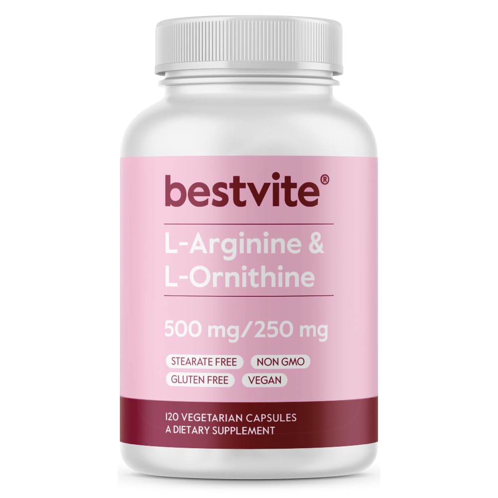 BESTVITE L- Arginina L- Ornityna 500- 250 (120 Kapsułki wegetariańskie) - Brak stearynianów - Brak Fillerów - Wegan - Nie GMO - Bez glutenu - Brak krzemianu wapnia