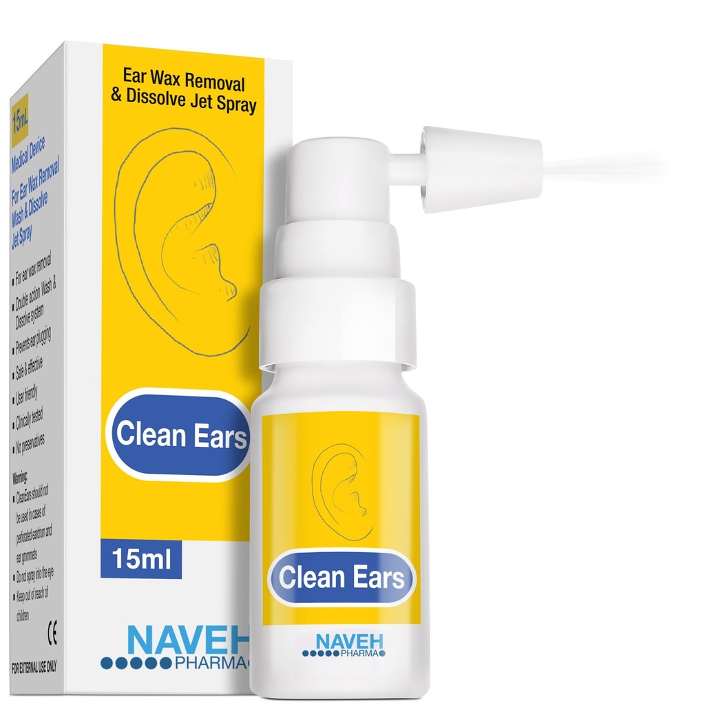 NAVEH PHARMA ® CleanEars is 124; Fast- acting Ear Wax Removal Spray adsorpcji 124; Breaks Down & Rozpuszcza Wosk ortopedyczny w tylko 1 Leczenie 124; Klinicznie udowodnione być 300% bardziej skuteczne W / Olej mineralny 124; Delikatne i bezpieczne 124; 0,5 Fl Oz