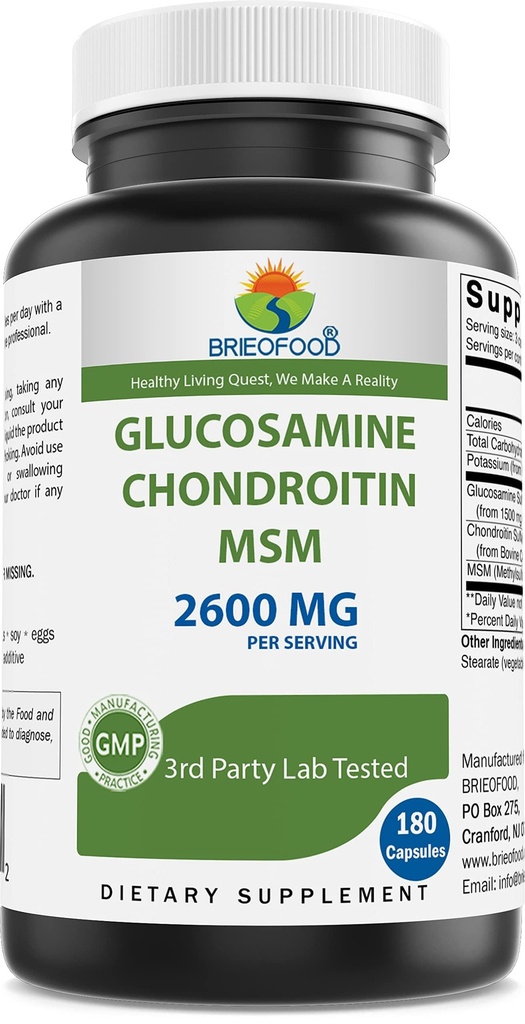 Brieofood Triple Strength Glukozamina Chondroitin MSM 2600mg / Podawanie kapsułek, Wspiera zdrowe wspólne, chrząstki i tkanka łącząca - Promotes Joint Comfort & Elastyczność