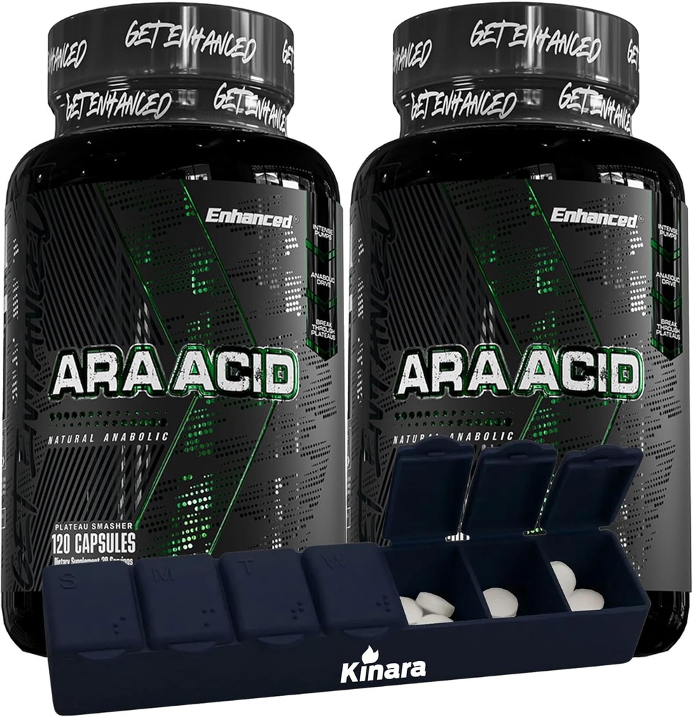 Wzmocniony Athlete - Arachidonic Acid Supplement - Suplement mięśni i siły do zwiększonej masy mięśniowej i poprawy odzysku dla mężczyzn i kobiet (120 kapsułek) - 2 opakowania z Kinara Pill Organizer