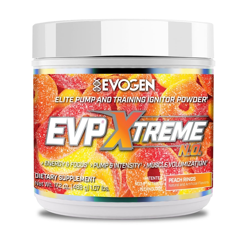 Evogen EVP Xtreme NO - Wstępny trening proszku dla mężczyzn i kobiet 124; Bezcukrowy trening wstępny z Beta Alanine, Kreatyna i Kofeina dla Energii i Pompa 124; Pierścienie brzoskwiniowe 124; 40 Sług