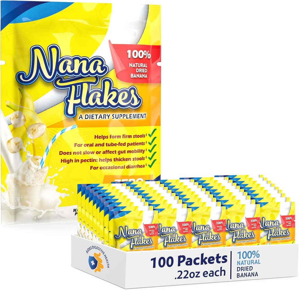 Nana Flakes 100% Pure Banana Flakes Medical Food Powder - Zmniejszenie spożycia tłuszczu & Natural Remedy do Biegunki i Poparzenia Serca - Wielkie źródło białka & włókno (100 opakowań jednorazowych)