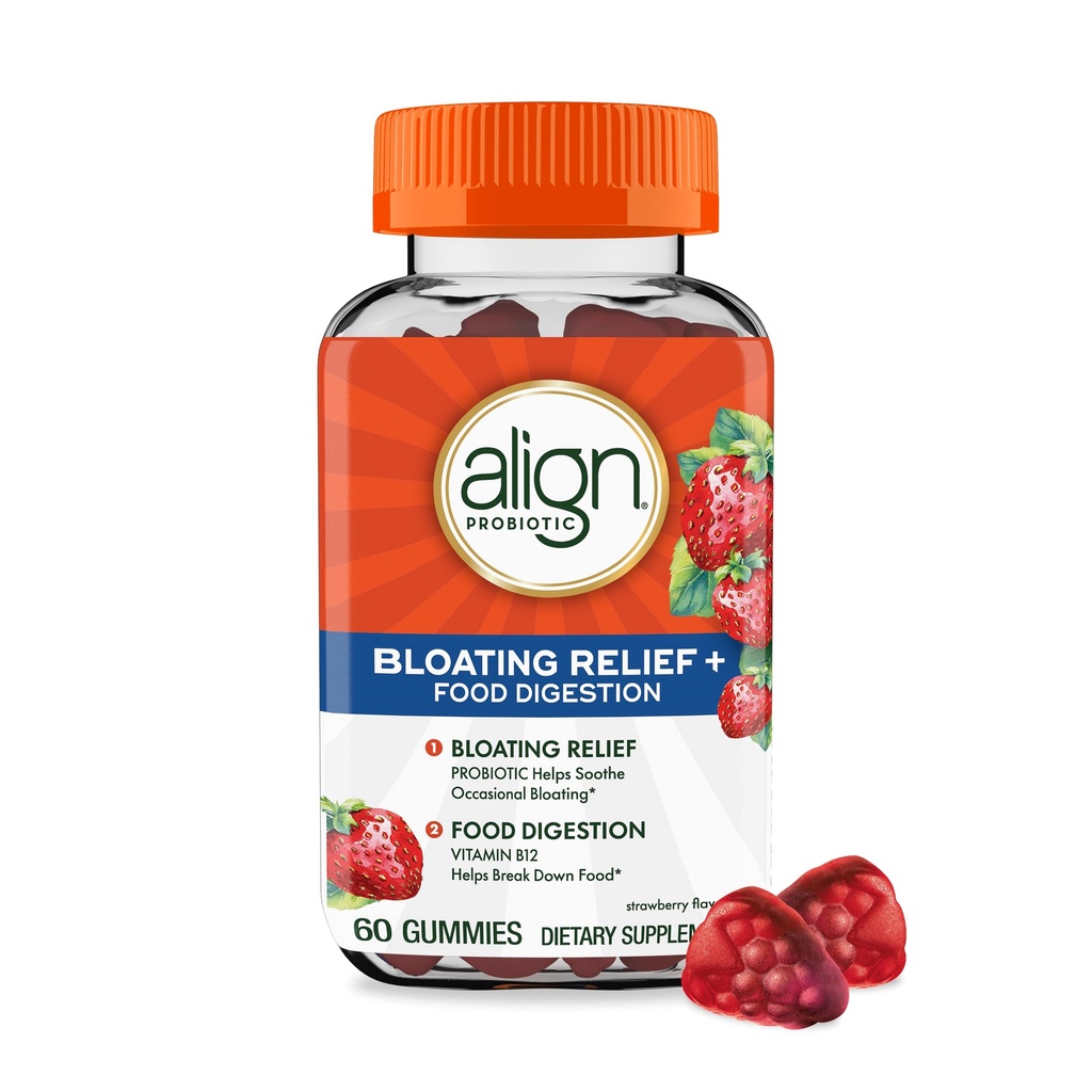 Align Probiotyczny, Bloating Relief + Przeżywienie żywności, Probiotyki dla kobiet i mężczyzn, Probiotyczne pomaga soothe Okazjonalne Bloating *, Witamina B12 pomóc złamać żywności w Cellular Energy *, 60 Gummies