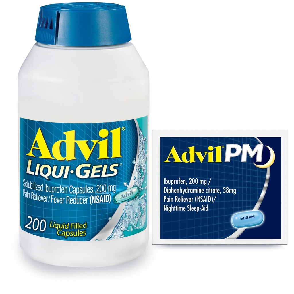 Advil Liqui- żele Ból Reliever i Fever Reducer, Leki przeciwbólowe dla dorosłych z Ibuprofen 200mg dla bólu głowy, pleców, bólu menstruacyjnego i bóle stawów Relief - 200 Kapsułki, Advil PM Ibuprofen - 2 Ct