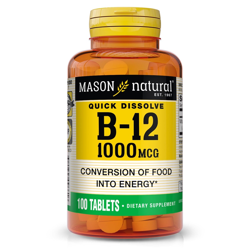 MASON naturalna witamina B12, 1000 µg Szybko rozpuszczalne tabletki, Szybka absorpcja B Kompleks do wspierania normalnej energii i funkcji nerwowej, 100 tabletek