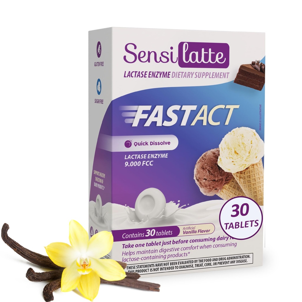 Lactase Enzyme 30 Tabletki Vanilla - 9.000 FCC - Sensilatte - Szybkie rozpuszczenie - Pomaga z Digestive Comfort - Prati Donaduzzi