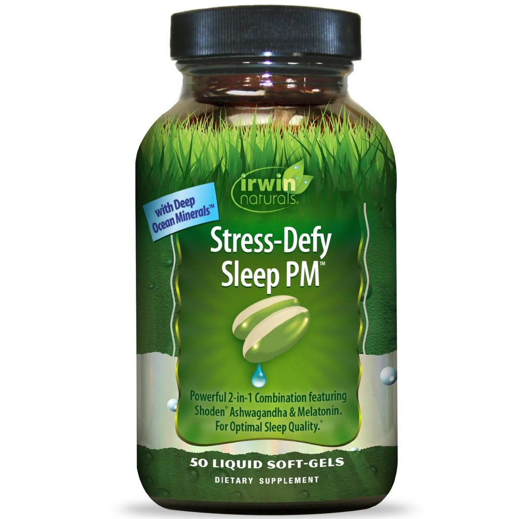 Irwin Naturals Stress- Defy Sleep PM - 50 Płynne Soft- żele - Mocne 2- in-1 Połączenie z Ashwagandha & Melatonina - 25 Służenie