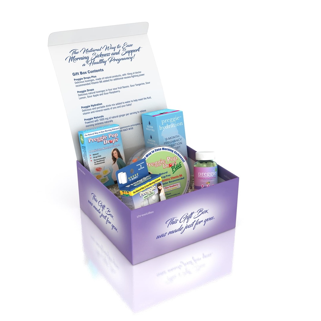 Trzy Lollies Preggie Gift Box - Naturalne, Nudności w ciąży Ulgi Ssentials z Lozenges choroby, Nawadnianie Pakiety, Kapsułki imbirowe, & Zespoły anty-Nudności na poranną chorobę