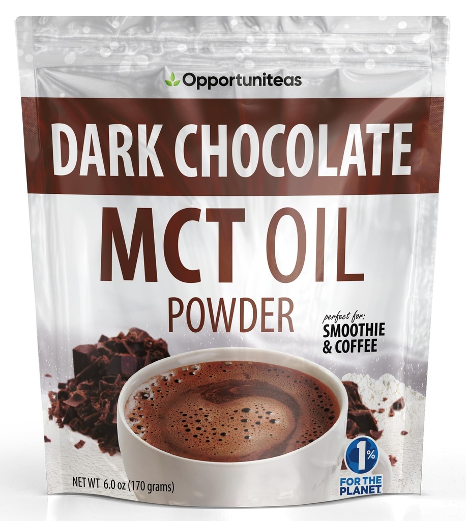 Opportuniteas MCT Oil Powder, Keto Creamer do kawy, Drinki & Smoothies, Przyjazne do niskokalorycznego Keto, Boost Energy & Mental Focus, Suplement do Ketogenic Diet, Gluten Free & Non-GMO, Dark Chocolate 6 oz