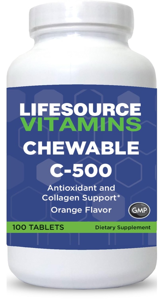 LifeSource Witaminy Witamina C 500 mg - 100 Tabletki do żucia - Niesamowity aromat pomarańczowy - Sweetened w / Stewia